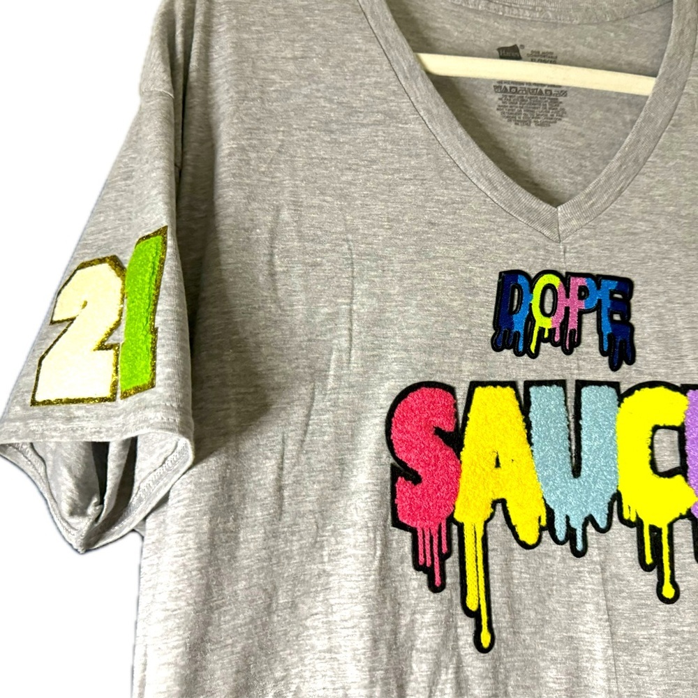 Custom “DOPE SAUCE” Hanes Heather Grey V-Neck T-Shirt Size XL - Picture 5 of 7